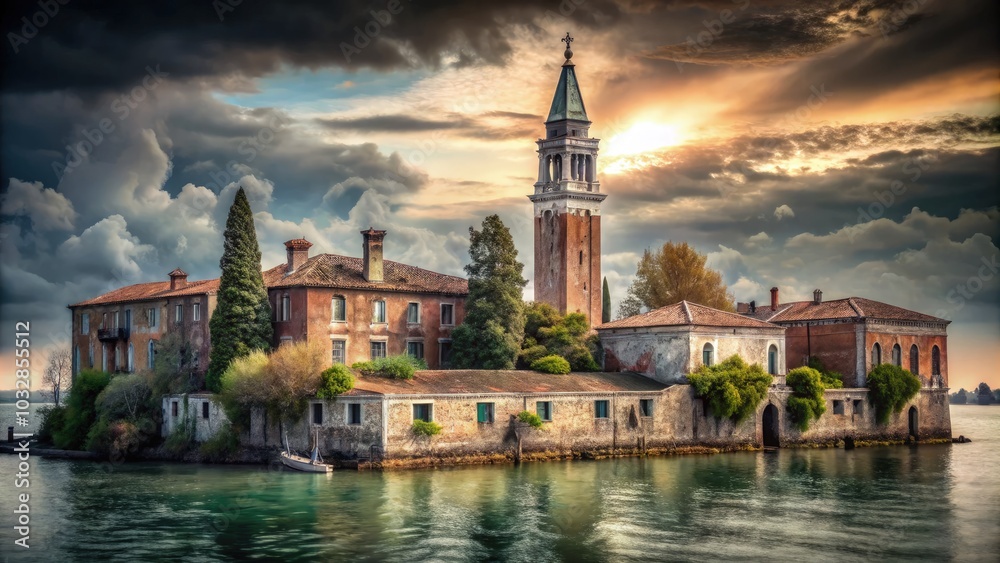 Eerie island at dusk with towering bell tower surrounded by dark waters and clouds. Generative AI Eerie island at dusk with towering bell tower surrounded by dark waters and clouds. Generative AI