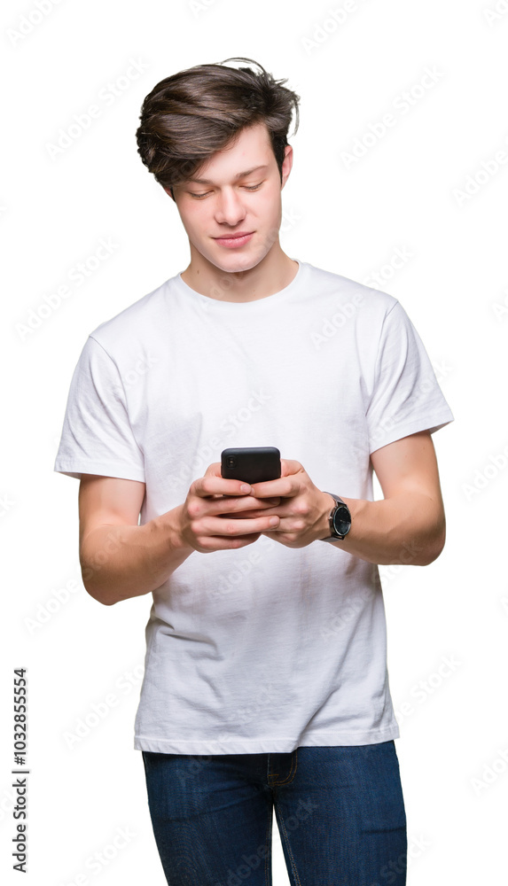 Young man using smartphone over isolated background with a confident expression on smart face thinking serious Young man using smartphone over isolated background with a confident expression on smart face thinking serious