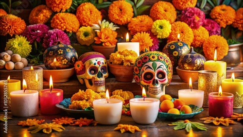 Wallpaper Mural Vibrant Day of the Dead altar with candles, flowers, and sugar skulls showcasing traditions Torontodigital.ca