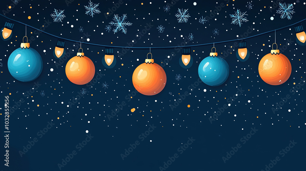 Fototapeta premium Realistic set of colorful Christmas ball with ribbon and bow. beautiful twinkling lights bokeh snow flakes baubles with fir leaves. on blue background 