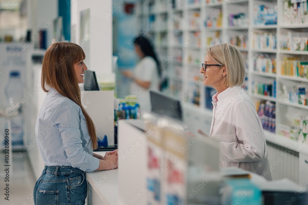 Senior druggist having consultations with patient at chemist's shop. Senior druggist having consultations with patient at chemist's shop.