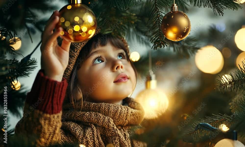 Child carefully hanging an ornament on the Christmas tree, their face glowing with concentration and joy. Child carefully hanging an ornament on the Christmas tree, their face glowing with concentration and joy.