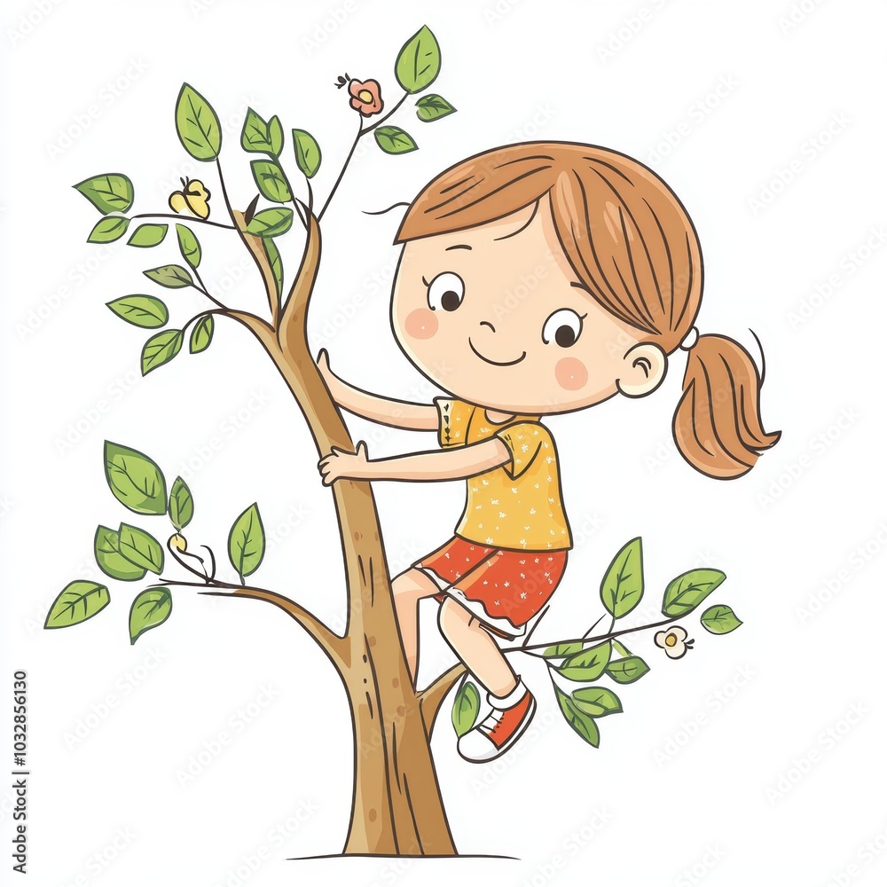 Cute Cartoon Girl Climbing a Tree Illustration Cute Cartoon Girl Climbing a Tree Illustration
