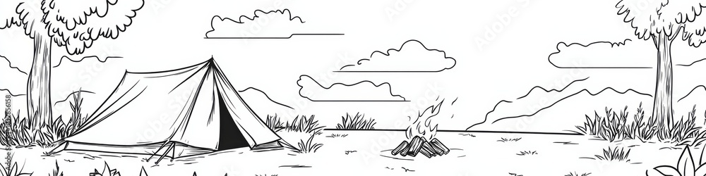 Simple black and white clipart of a small tent set up on the ground with a campfire Simple black and white clipart of a small tent set up on the ground with a campfire