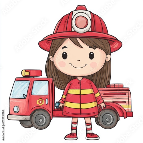 Cute Cartoon Girl in Firefighter Outfit with Truck