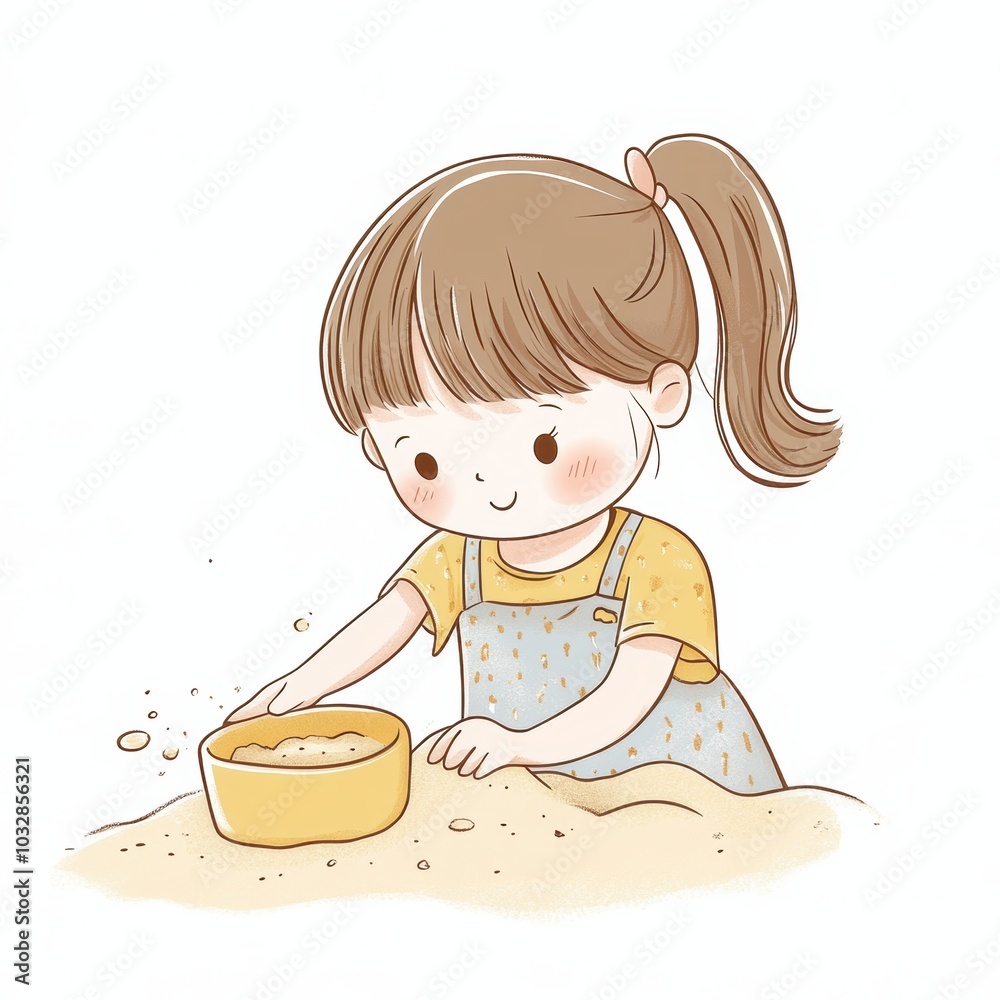 Cute Cartoon Illustration of a Girl Playing with Sand