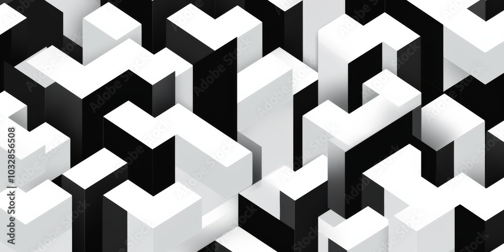 Black and white minimalistic abstract geometric seamless pattern featuring microcosm geometry elements. Ideal for wallpaper and decorative texture backdrops.