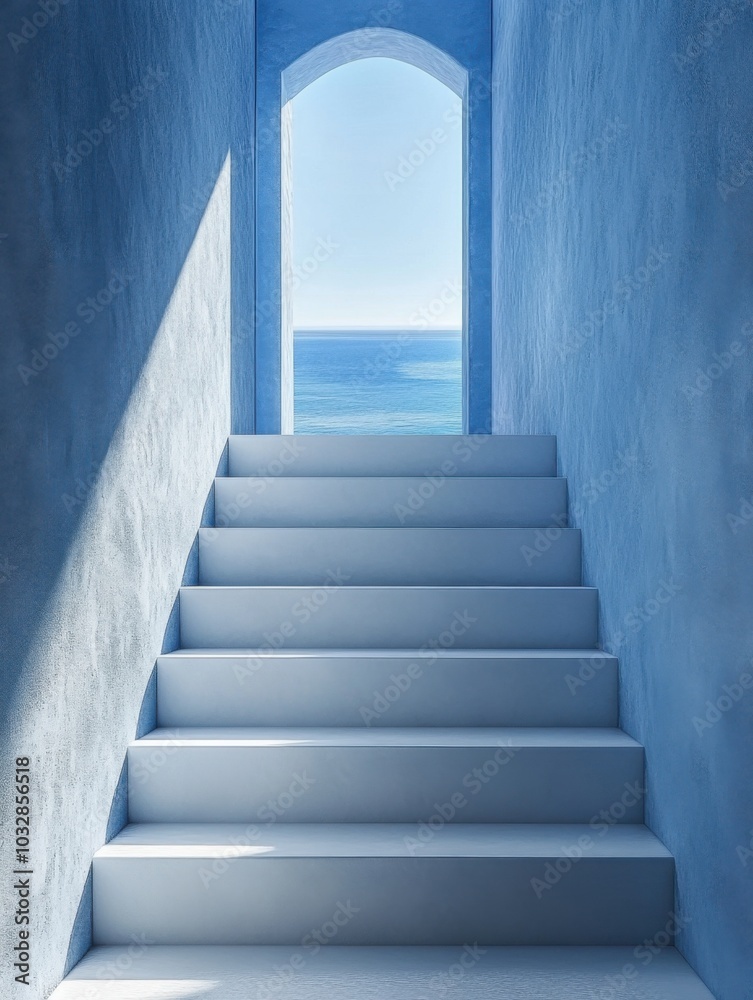 Fototapeta premium Stairway leading to a blue building with a view of the ocean, travel