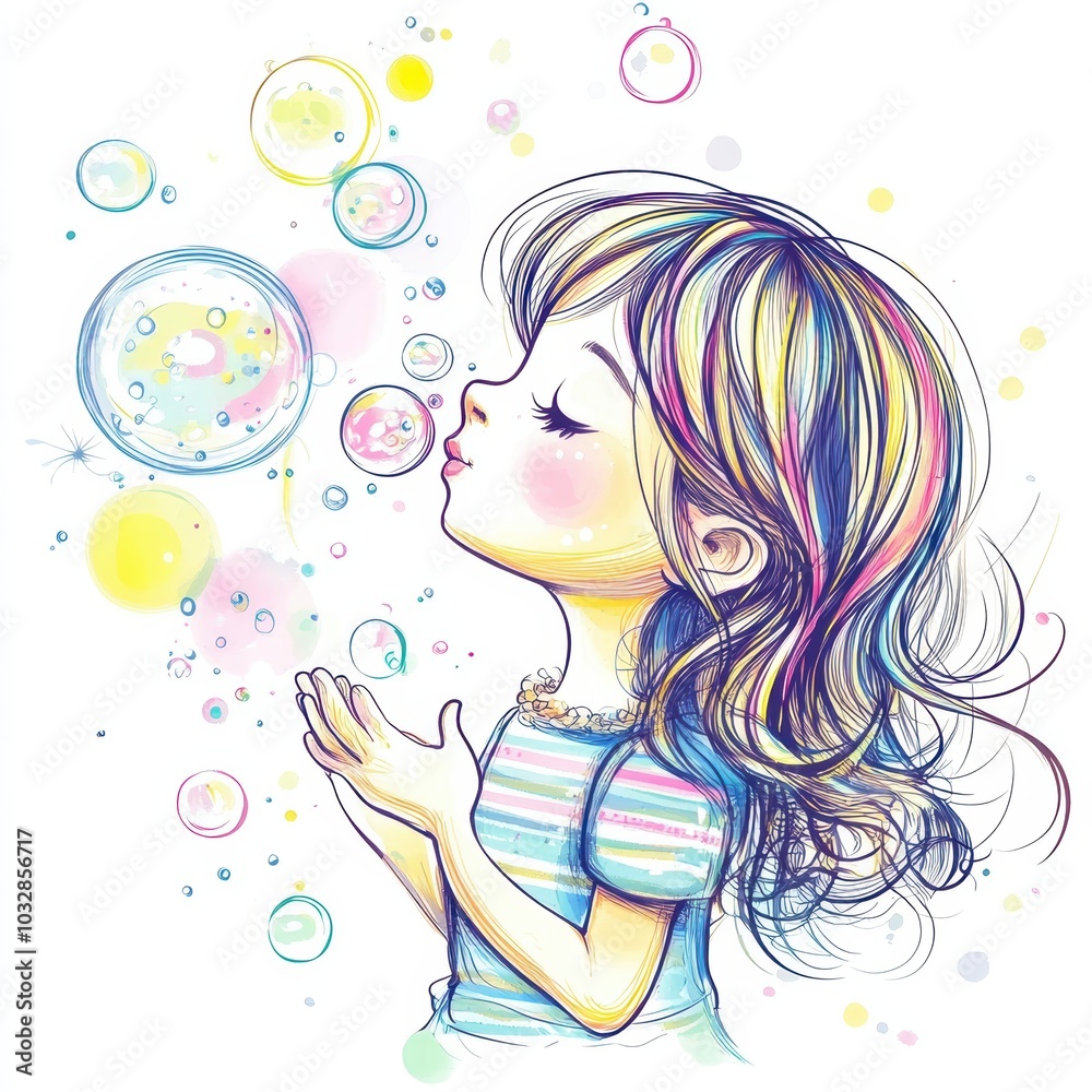 Cute Cartoon Girl Blowing Bubbles Illustration Cute Cartoon Girl Blowing Bubbles Illustration
