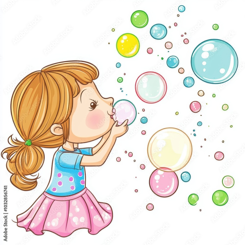 Cute Cartoon Girl Blowing Bubbles Illustration Cute Cartoon Girl Blowing Bubbles Illustration