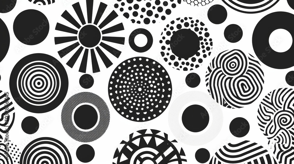 Black and white minimalistic abstract geometric seamless pattern featuring microcosm geometry elements. Ideal for wallpaper and decorative texture backdrops. Black and white minimalistic abstract geometric seamless pattern featuring microcosm geometry elements. Ideal for wallpaper and decorative texture backdrops.
