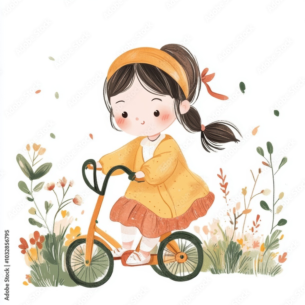 Cute Cartoon Girl Riding Bicycle in Floral Setting Cute Cartoon Girl Riding Bicycle in Floral Setting