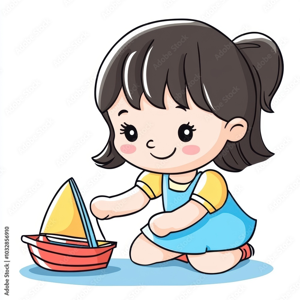 Cute Cartoon Girl Playing with a Sailboat Illustration Cute Cartoon Girl Playing with a Sailboat Illustration