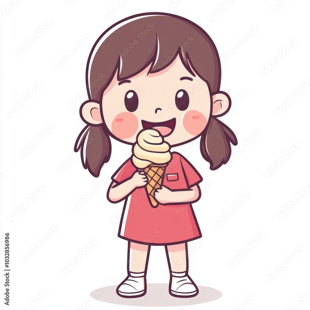 Cute Cartoon Girl Enjoying Ice Cream Illustration Cute Cartoon Girl Enjoying Ice Cream Illustration