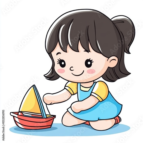 Cute Cartoon Girl Playing with a Sailboat Illustration