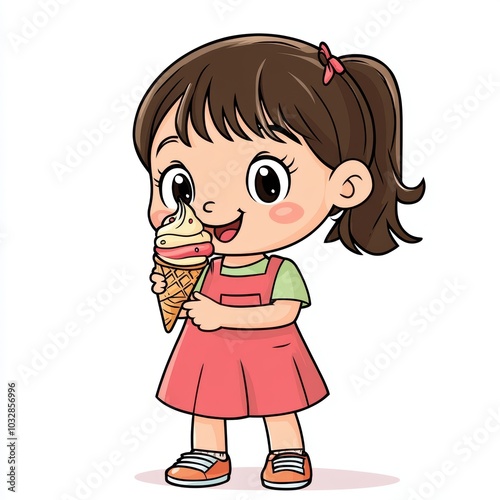 Cute Cartoon Girl Enjoying Ice Cream