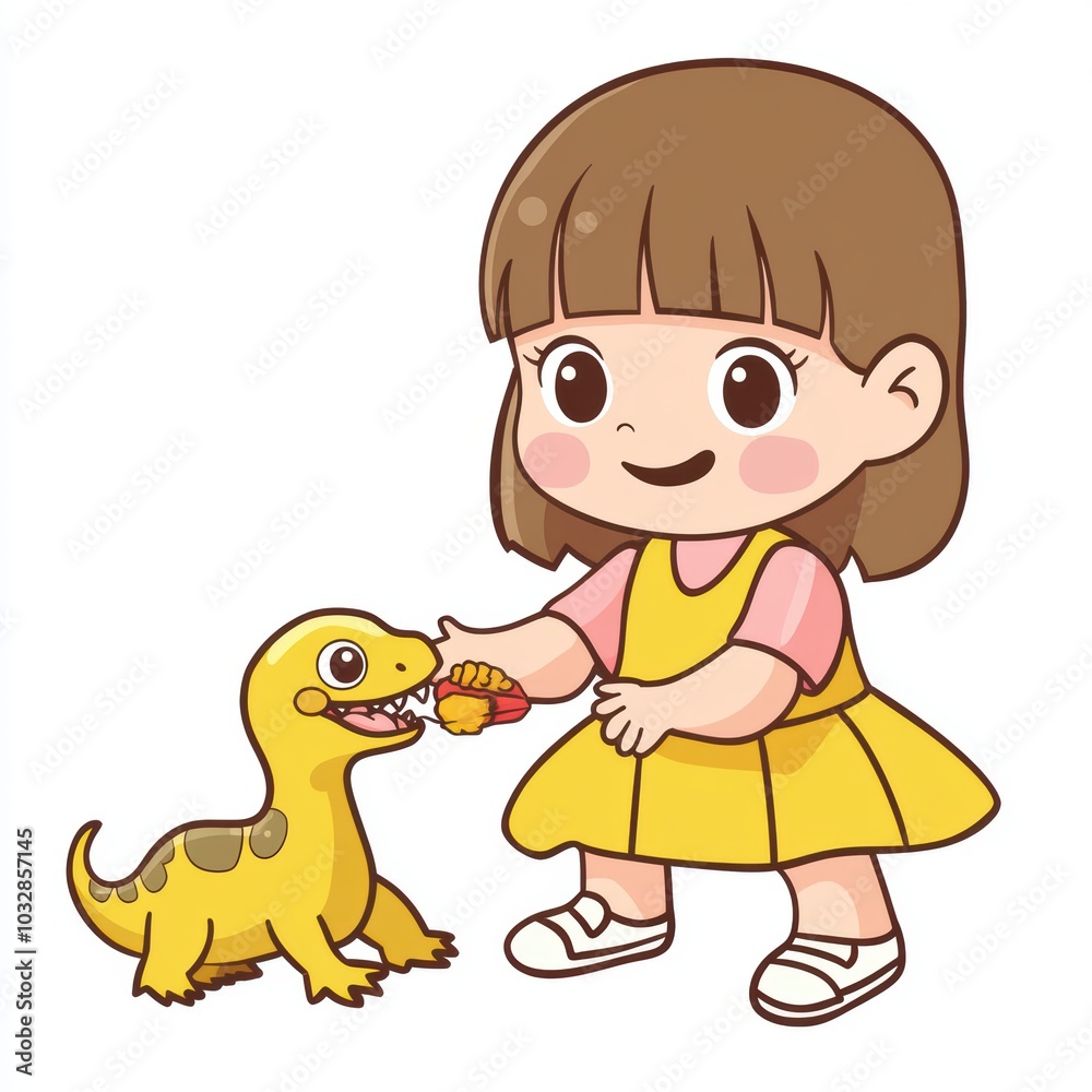 Cute Cartoon Girl with Dinosaur Illustration