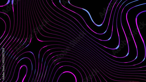 Futuristic abstract design with glowing neon lines, wavy contours, and vibrant purple and pink gradients on a black background