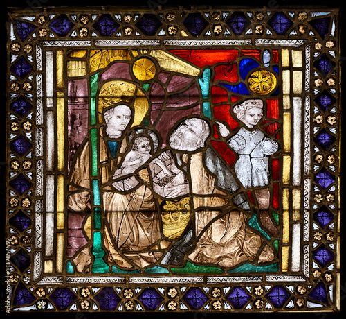 The Adoration of the Magi. A two-part series stained-glass window in Kościół Świętej Trójcy [Holy Trinity Church] in Kraków [Cracow], Poland.