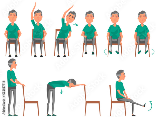 Yoga sur chaise, postures, senior, sport, relaxation, illustration vectoriel, personnage, mouvement, corde, haltères.