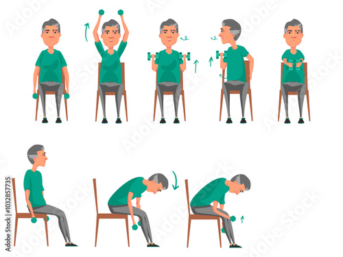 Yoga sur chaise, postures, senior, sport, relaxation, illustration vectoriel, personnage, mouvement, corde, haltères.
