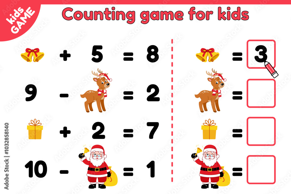 Christmas kids math game. Counting puzzle with Santa Claus, reindeer, Xmas bells. Count and write answer. Educational activities book. Vector illustration. Perfect for preschool education children. Christmas kids math game. Counting puzzle with Santa Claus, reindeer, Xmas bells. Count and write answer. Educational activities book. Vector illustration. Perfect for preschool education children.