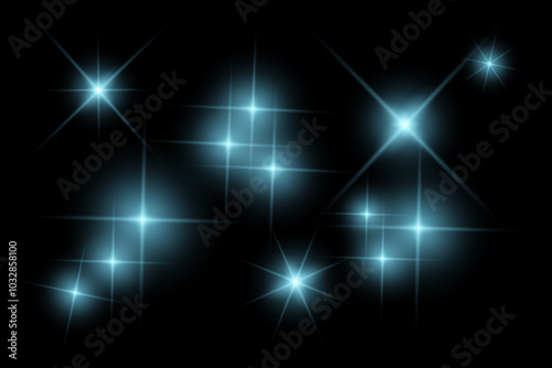 blue sparkle lights, flashing lights, light effects, sunlight lens flare, glowing ray beams, sparkling starsicon on black background.