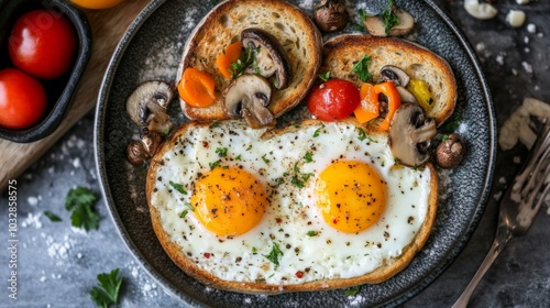 Breakfast table Breakfast plate fried eggs vegetables mushrooms toast top view healthy table -