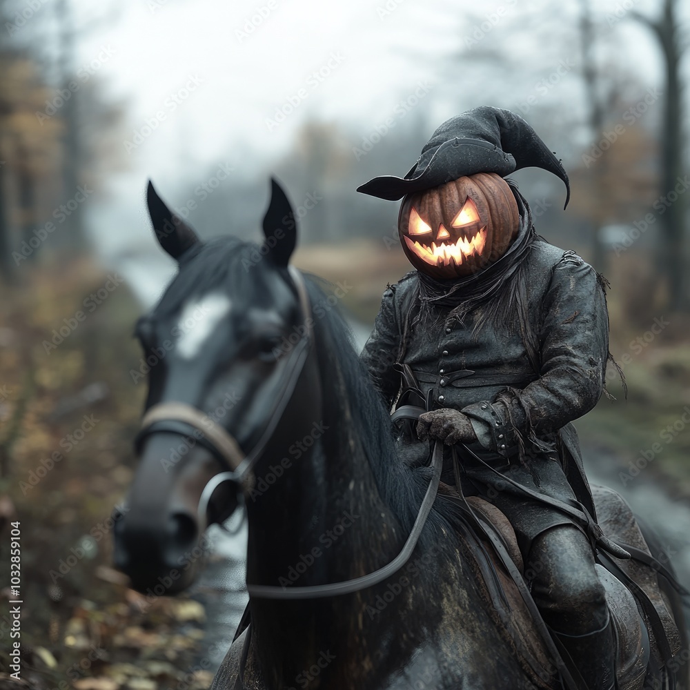 Obraz premium Halloween rider: a mysterious figure atop a black horse,glowing pumpkin, galloping , capturing the essence of spooky tradition and legend in a haunting visual scene.