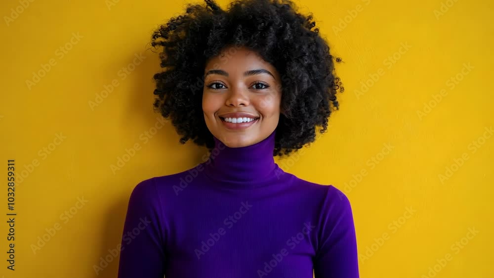 A woman with curly hair smiles against a yellow background while wearing a purple turtleneck A woman with curly hair smiles against a yellow background while wearing a purple turtleneck
