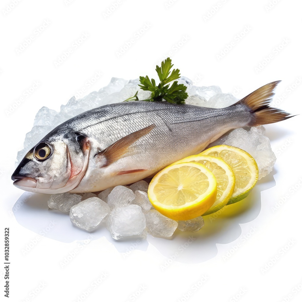 Freshly caught fish on ice with lemon garnishes ready for display or preparation. Generative AI Freshly caught fish on ice with lemon garnishes ready for display or preparation. Generative AI