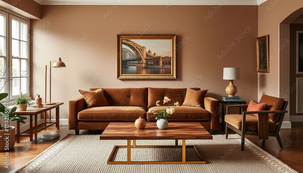 Fototapeta premium A stylish living room featuring warm neutral colors, contemporary furniture, and cozy decor elements. The space is beautifully lit by natural light, creating a welcoming and elegant atmosphere.