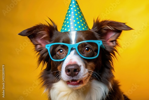 A cute puppy wearing fun glasses and a party hat at a joyful birthday celebration. Generative AI photo