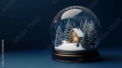 Merry Christmas and Happy New Year Christmas glass snow globe with trees and house inside a transparent sphere. Realistic 3d design. Festive Christmas object. Christmas decoration design.