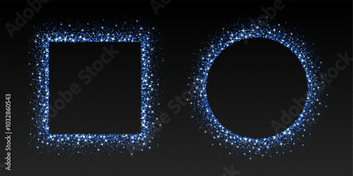 Blue glitter frames, shimmering borders in circle and square shapes, festive holiday sparkles. Christmas decoration. Vector illustration.