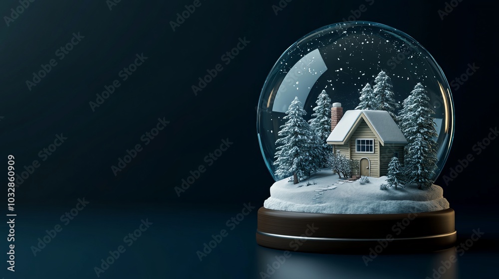 Merry Christmas and Happy New Year Christmas glass snow globe with trees and house inside a transparent sphere. Realistic 3d design. Festive Christmas object. Christmas decoration design. Merry Christmas and Happy New Year Christmas glass snow globe with trees and house inside a transparent sphere. Realistic 3d design. Festive Christmas object. Christmas decoration design.