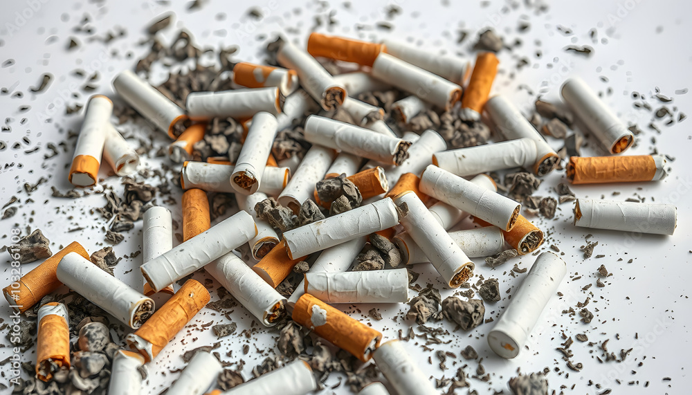 Discarded cigarette butts scattered dirty isolated with white highlights, png Discarded cigarette butts scattered dirty isolated with white highlights, png