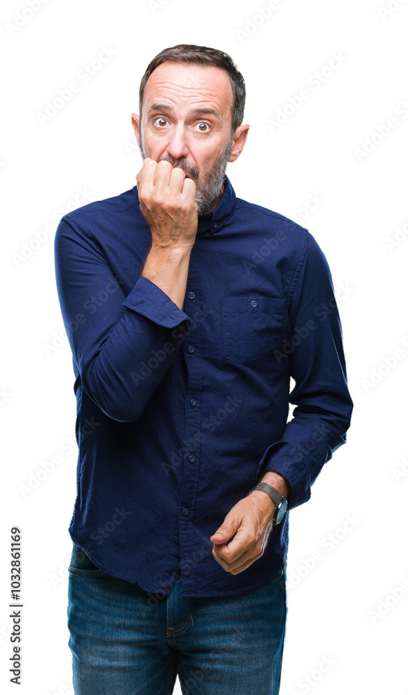 Middle age hoary senior man over isolated background looking stressed and nervous with hands on mouth biting nails. Anxiety problem. Middle age hoary senior man over isolated background looking stressed and nervous with hands on mouth biting nails. Anxiety problem.
