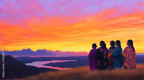 Indigenous People's Day Honoring Women Warriors and Matriarchs Against a Fiery Sunset A group of powerful indigenous women, depicted as warriors and matriarchs, stand in the foregr photo