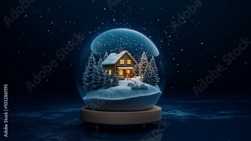 Merry Christmas and Happy New Year Christmas glass snow globe with trees and house inside a transparent sphere. Realistic 3d design. Festive Christmas object. Christmas decoration design.