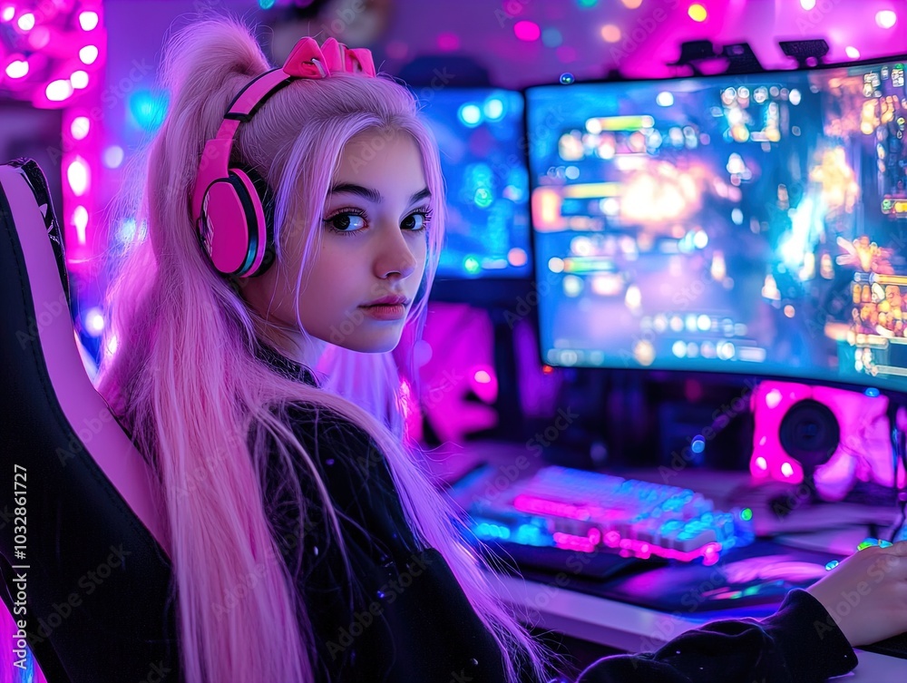 Dynamic Teenage Gamer Poster: Intense Expression with Neon Setup, Pink Hair Clips, Dual Monitors Gaming Action, and Vibrant Keyboard – Perfect for Sports Interior Décor! Dynamic Teenage Gamer Poster: Intense Expression with Neon Setup, Pink Hair Clips, Dual Monitors Gaming Action, and Vibrant Keyboard – Perfect for Sports Interior Décor!