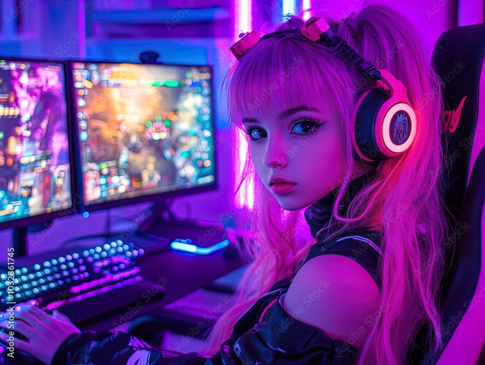 Dynamic Teenage Gamer Poster: Intense Expression with Neon Setup, Pink Hair Clips, Dual Monitors Gaming Action, and Vibrant Keyboard – Perfect for Sports Interior Décor! Dynamic Teenage Gamer Poster: Intense Expression with Neon Setup, Pink Hair Clips, Dual Monitors Gaming Action, and Vibrant Keyboard – Perfect for Sports Interior Décor!