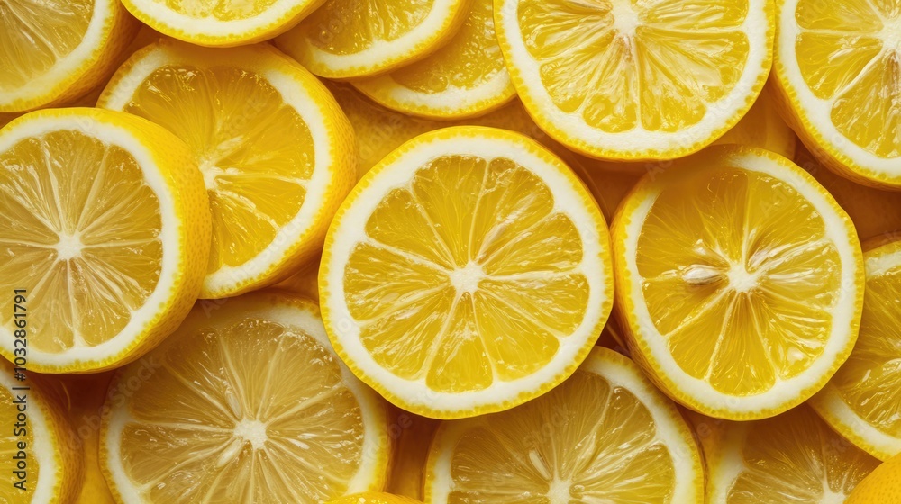 Freshly sliced lemons arranged in a vibrant display showcasing their juicy texture and bright color in a warm setting Freshly sliced lemons arranged in a vibrant display showcasing their juicy texture and bright color in a warm setting