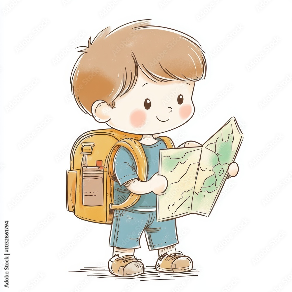 Cute Cartoon Boy with Map and Backpack Illustration Cute Cartoon Boy with Map and Backpack Illustration