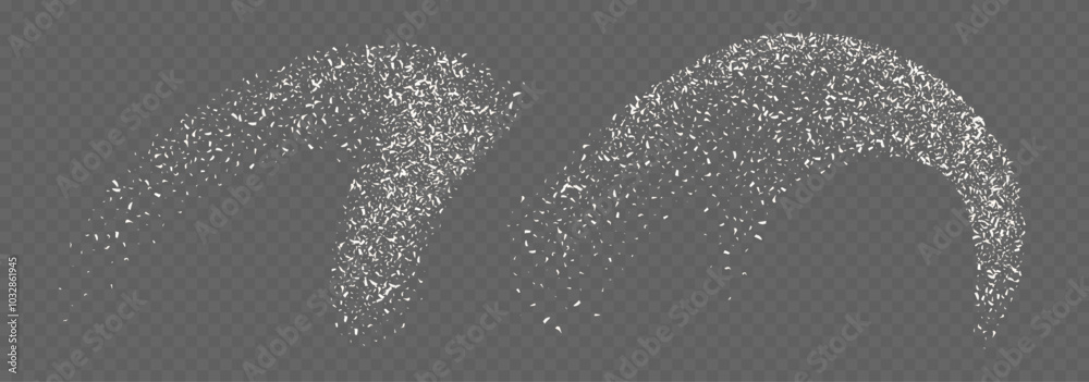 Coconut flakes, flying grated and desiccated coconut powder, dry scattered coco texture. Vector illustration. Coconut flakes, flying grated and desiccated coconut powder, dry scattered coco texture. Vector illustration.
