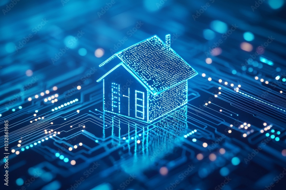 Concept of smart home system management and smart home technologies with glowing digital home icon surrounded by circuit lines and IOT. 3D rendering. Concept of smart home system management and smart home technologies with glowing digital home icon surrounded by circuit lines and IOT. 3D rendering.