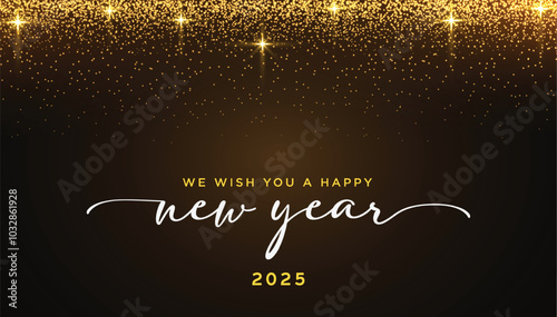 Happy New Year 2025 with gold stars and sparkles