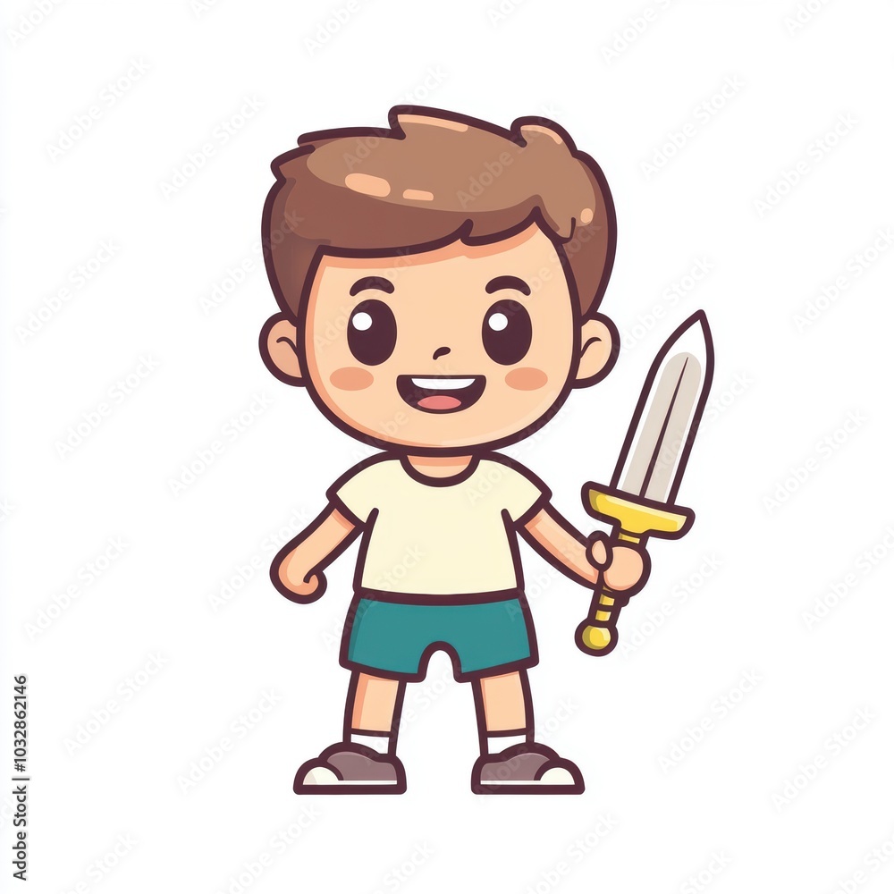 Cute Cartoon Illustration of Child Holding a Sword Cute Cartoon Illustration of Child Holding a Sword
