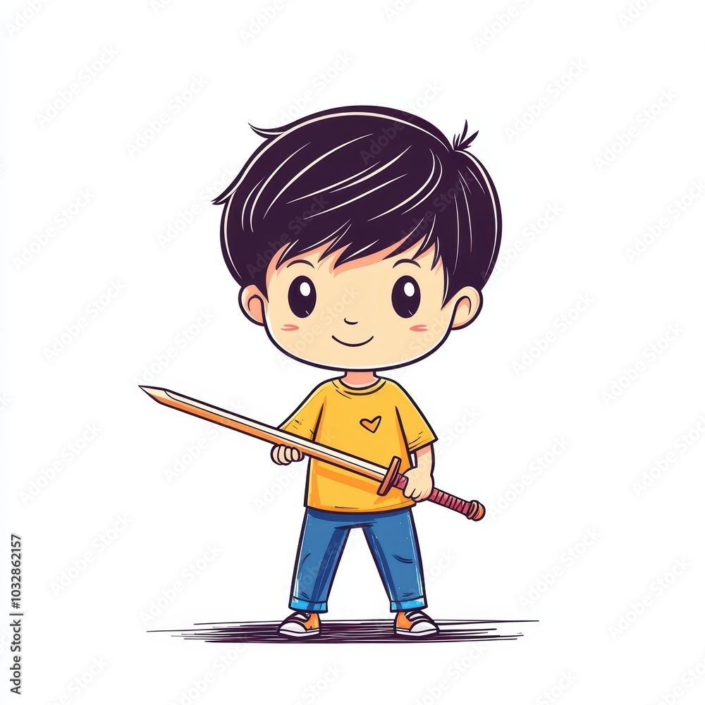 Cute cartoon boy holding a sword illustration Cute cartoon boy holding a sword illustration
