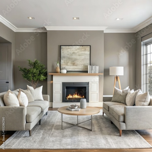 Cozy living room designed in dark taupe with a warm fireplace and modern decor. Generative AI photo